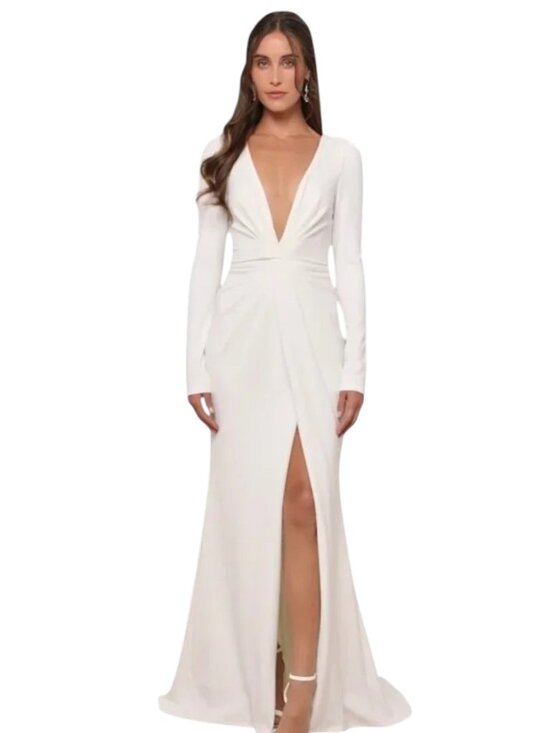 Lulus Dresses & Skirts - Lulus White Long Sleeve Mermaid Wedding Dress with Deep V-Neck Size XL